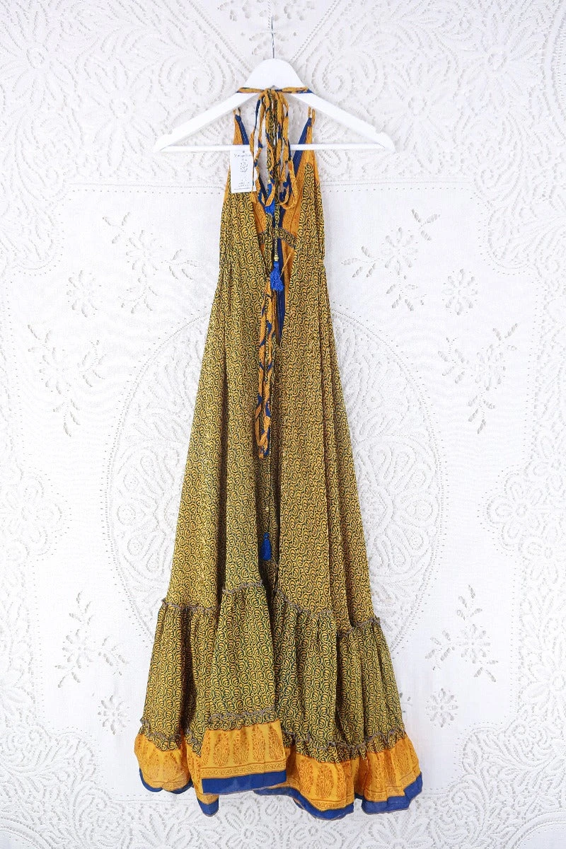 Blossom Halter Maxi Dress - Vintage Sari - Indigo & Sunshine Yellow Tile Print - Free Size S/M 3 Blossom Halter Maxi Dress - Vintage Sari - Indigo & Sunshine Yellow Tile Print - Free Size S/M - Image 3