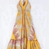 Blossom Halter Maxi Dress - Vintage Sari - Lemon Yellow, Russet & Beige Floral - Free Size S/M