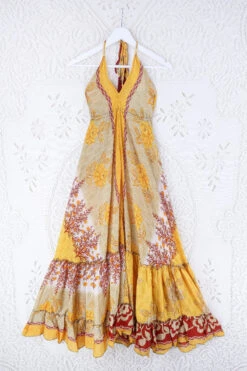 Blossom Halter Maxi Dress - Vintage Sari - Lemon Yellow, Russet & Beige Floral - Free Size S/M