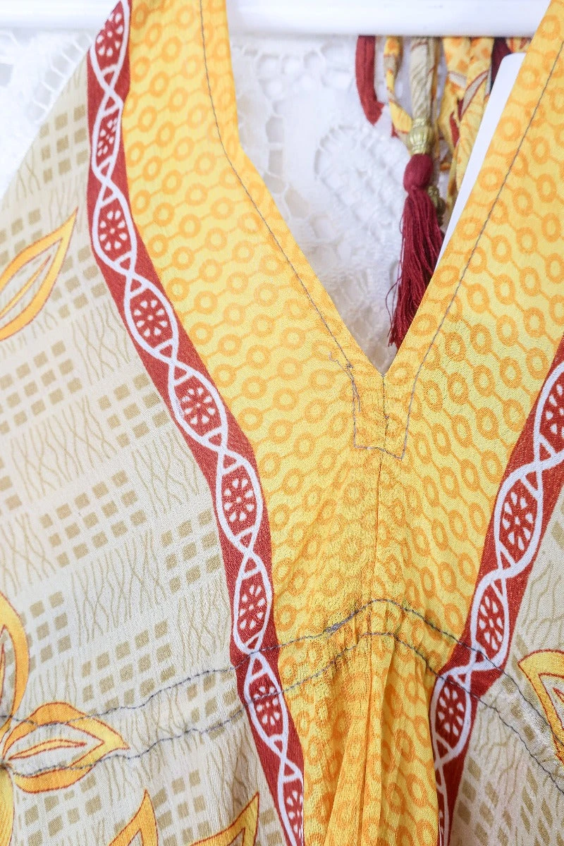 Blossom Halter Maxi Dress - Vintage Sari - Lemon Yellow, Russet & Beige Floral - Free Size S/M 3 Blossom Halter Maxi Dress - Vintage Sari - Lemon Yellow, Russet & Beige Floral - Free Size S/M - Image 3