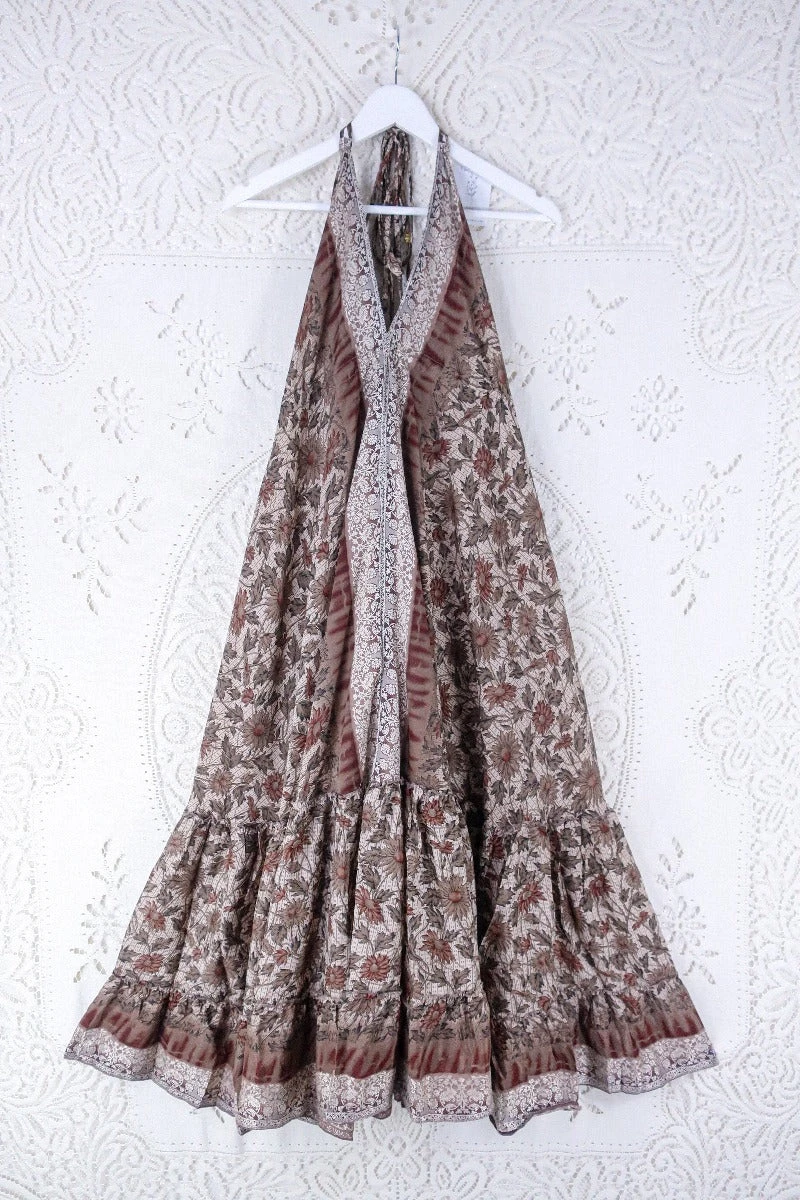 Blossom Halter Maxi Dress - Vintage Sari - Embroidered Lily White & Hickory Wildflower - Free Size L/XL 1 Blossom Halter Maxi Dress - Vintage Sari - Embroidered Lily White & Hickory Wildflower - Free Size L/XL