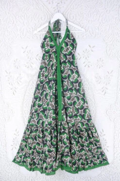 Blossom Halter Maxi Dress - Vintage Sari - Forest Green & Charcoal Paisley - Free Size S/M