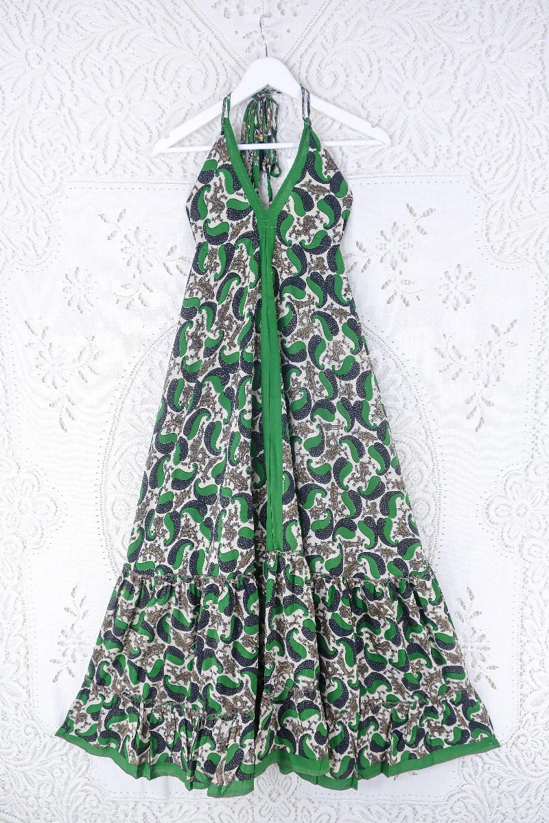 Blossom Halter Maxi Dress - Vintage Sari - Forest Green & Charcoal Paisley - Free Size S/M 1 Blossom Halter Maxi Dress - Vintage Sari - Forest Green & Charcoal Paisley - Free Size S/M