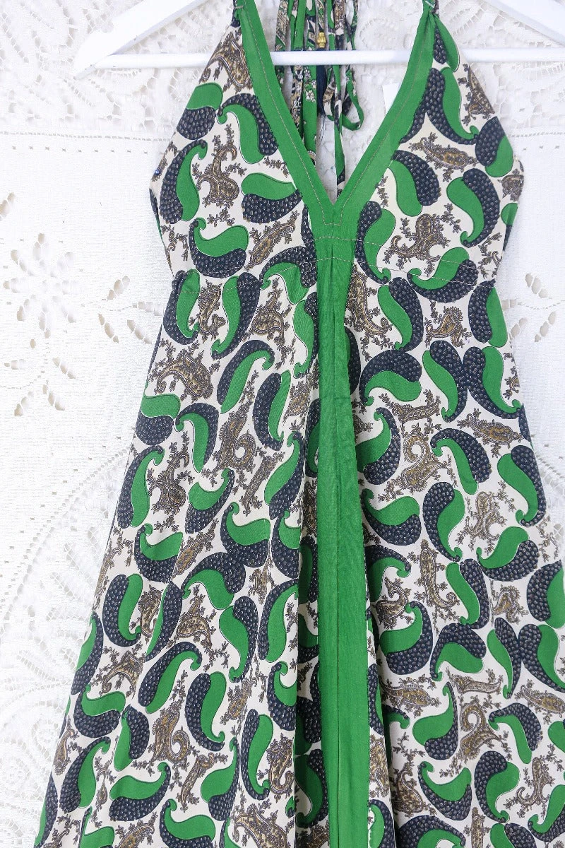 Blossom Halter Maxi Dress - Vintage Sari - Forest Green & Charcoal Paisley - Free Size S/M 2 Blossom Halter Maxi Dress - Vintage Sari - Forest Green & Charcoal Paisley - Free Size S/M - Image 2