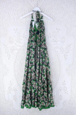 Blossom Halter Maxi Dress - Vintage Sari - Forest Green & Charcoal Paisley - Free Size S/M 5 Blossom Halter Maxi Dress - Vintage Sari - Forest Green & Charcoal Paisley - Free Size S/M -KIKIS Clothing Shop blossom maxi halter dress summer boho style 70s hippie midi dress frill hem handmade recycled vintage sari by all about audrey 112