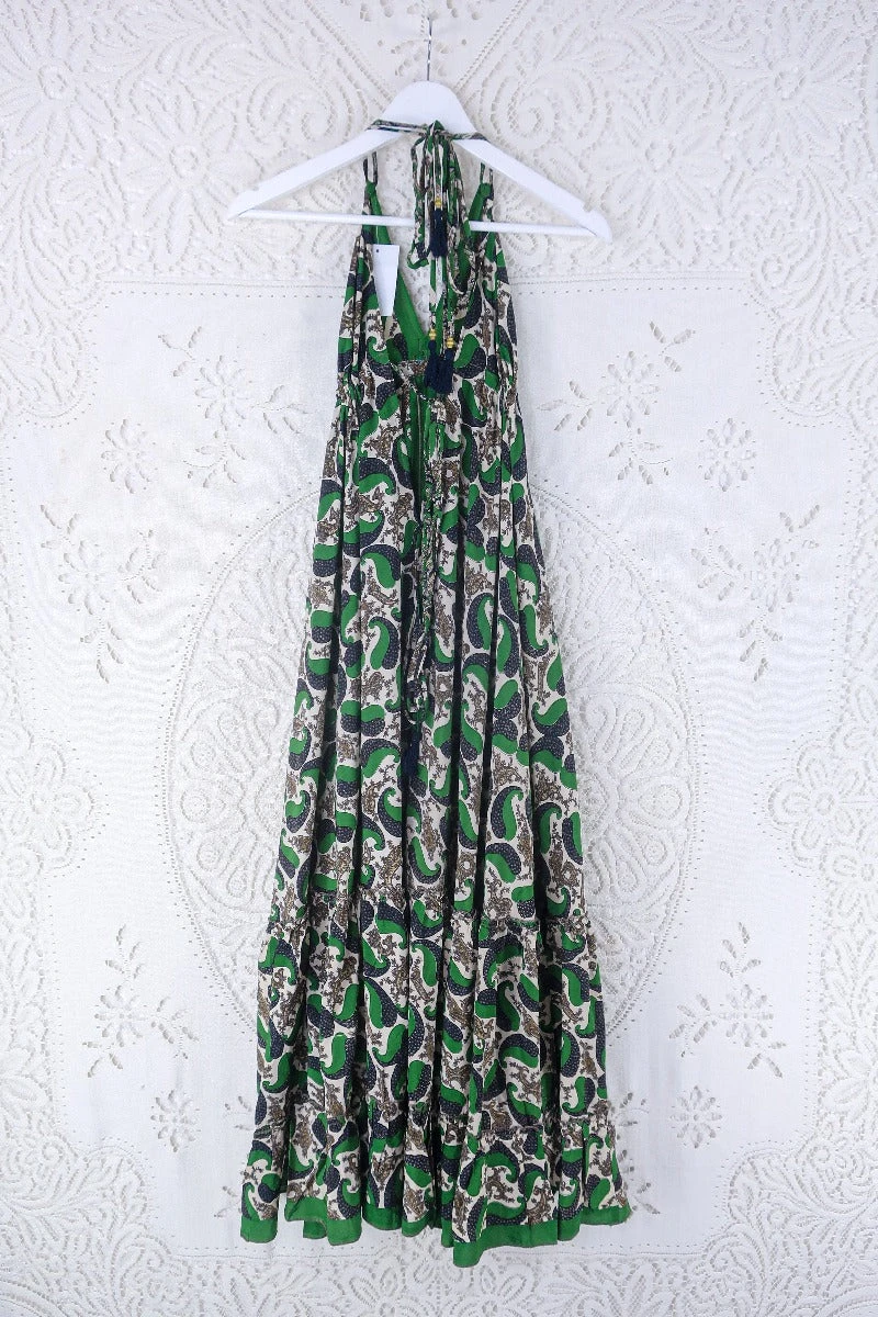 Blossom Halter Maxi Dress - Vintage Sari - Forest Green & Charcoal Paisley - Free Size S/M 3 Blossom Halter Maxi Dress - Vintage Sari - Forest Green & Charcoal Paisley - Free Size S/M - Image 3