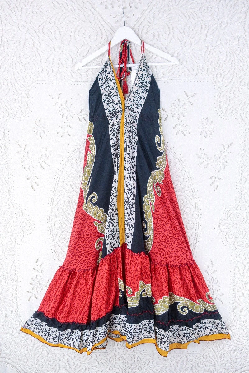 Blossom Halter Maxi Dress - Vintage Sari - Fiery Red & Jet Tile Print - Free Size S/M 1 Blossom Halter Maxi Dress - Vintage Sari - Fiery Red & Jet Tile Print - Free Size S/M
