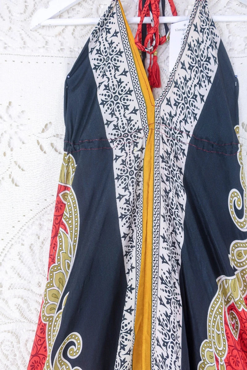 Blossom Halter Maxi Dress - Vintage Sari - Fiery Red & Jet Tile Print - Free Size S/M 2 Blossom Halter Maxi Dress - Vintage Sari - Fiery Red & Jet Tile Print - Free Size S/M - Image 2