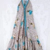 Blossom Halter Maxi Dress - Vintage Sari - White, Moss & Turquoise Stripy Floral - Free Size S/M