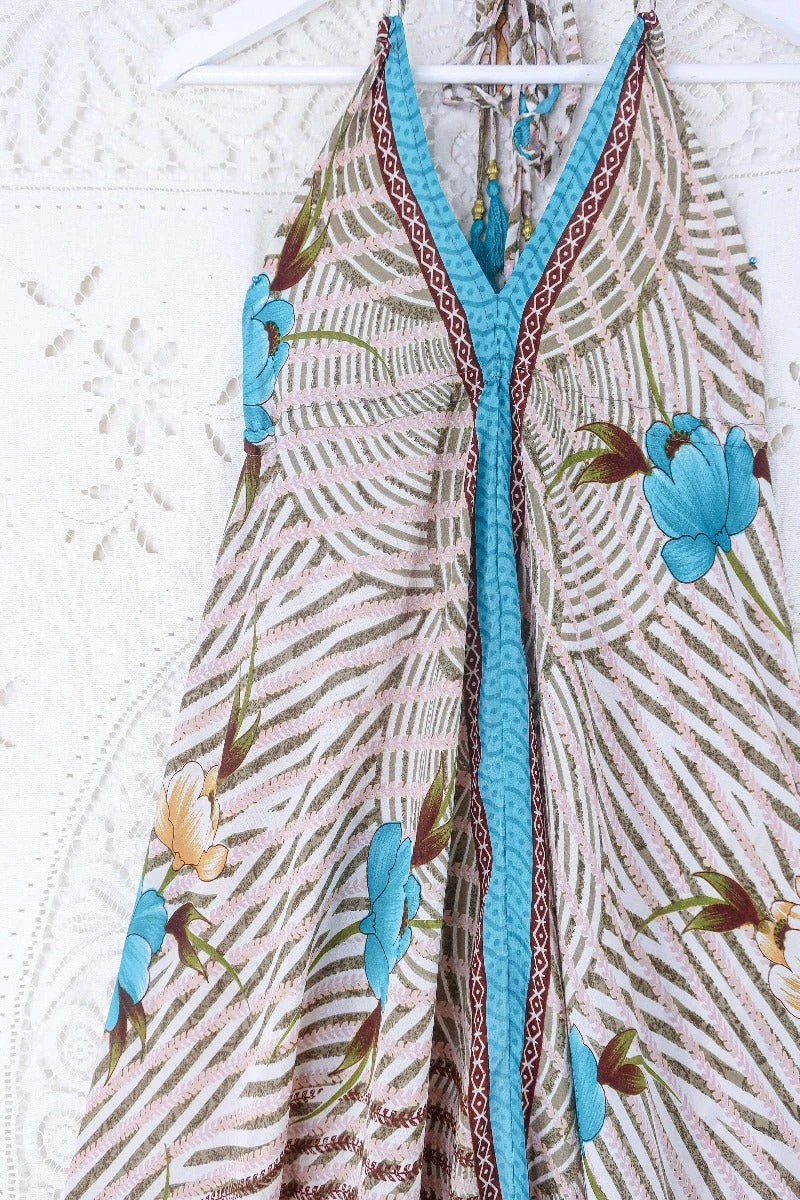 Blossom Halter Maxi Dress - Vintage Sari - White, Moss & Turquoise Stripy Floral - Free Size S/M 2 Blossom Halter Maxi Dress - Vintage Sari - White, Moss & Turquoise Stripy Floral - Free Size S/M - Image 2