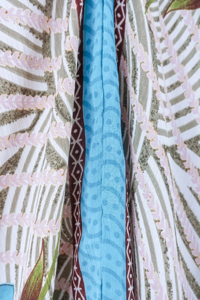 Blossom Halter Maxi Dress - Vintage Sari - White, Moss & Turquoise Stripy Floral - Free Size S/M 4 Blossom Halter Maxi Dress - Vintage Sari - White, Moss & Turquoise Stripy Floral - Free Size S/M - Image 4