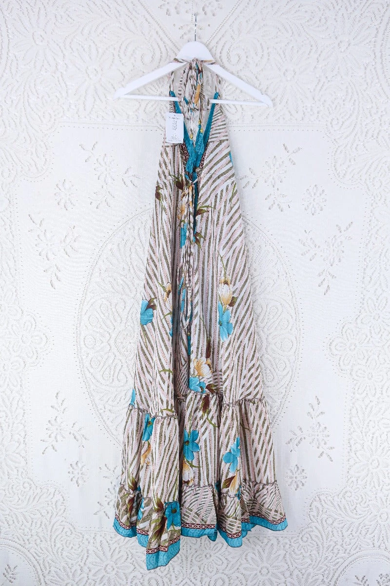 Blossom Halter Maxi Dress - Vintage Sari - White, Moss & Turquoise Stripy Floral - Free Size S/M 3 Blossom Halter Maxi Dress - Vintage Sari - White, Moss & Turquoise Stripy Floral - Free Size S/M - Image 3
