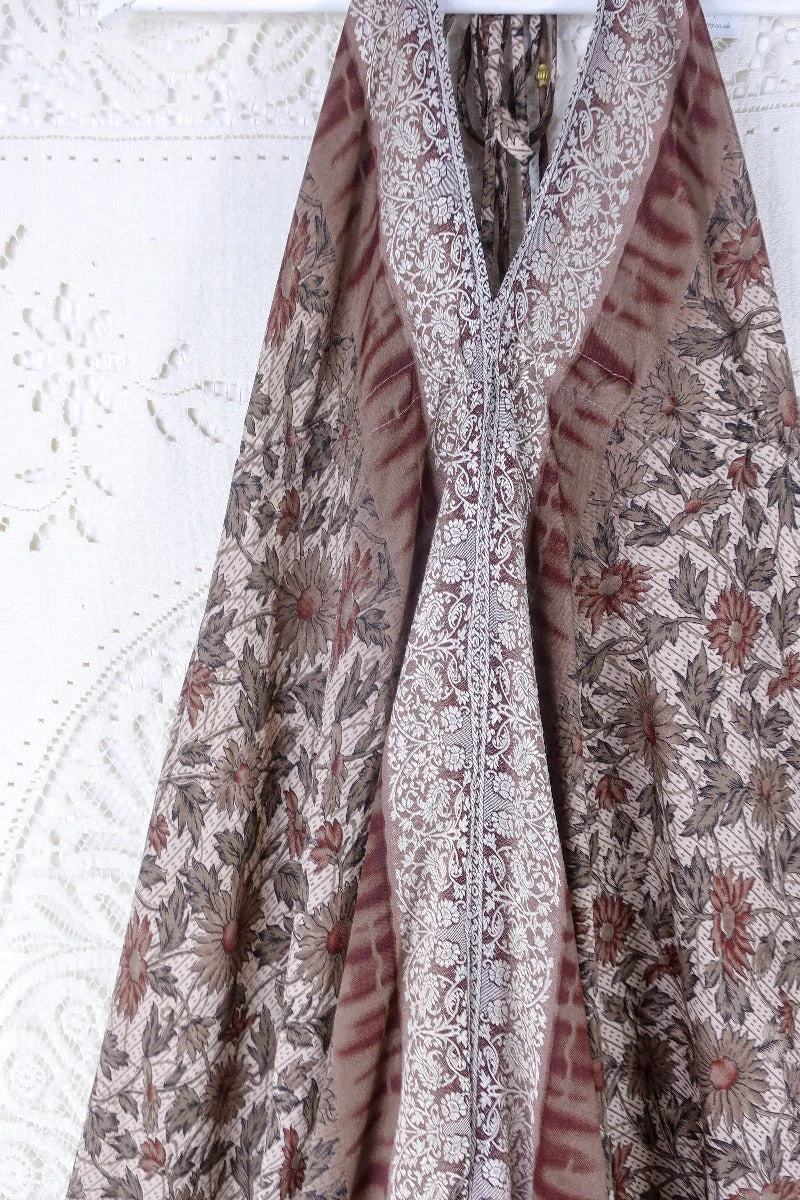 Blossom Halter Maxi Dress - Vintage Sari - Embroidered Lily White & Hickory Wildflower - Free Size L/XL 2 Blossom Halter Maxi Dress - Vintage Sari - Embroidered Lily White & Hickory Wildflower - Free Size L/XL - Image 2