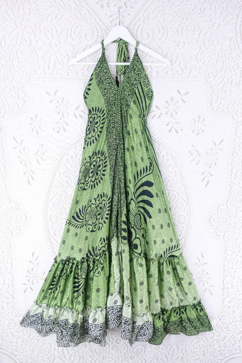 Blossom Halter Maxi Dress - Vintage Sari - Pale Lime Green & Black Floral Shimmer - Free Size S/M 1 Blossom Halter Maxi Dress - Vintage Sari - Pale Lime Green & Black Floral Shimmer - Free Size S/M