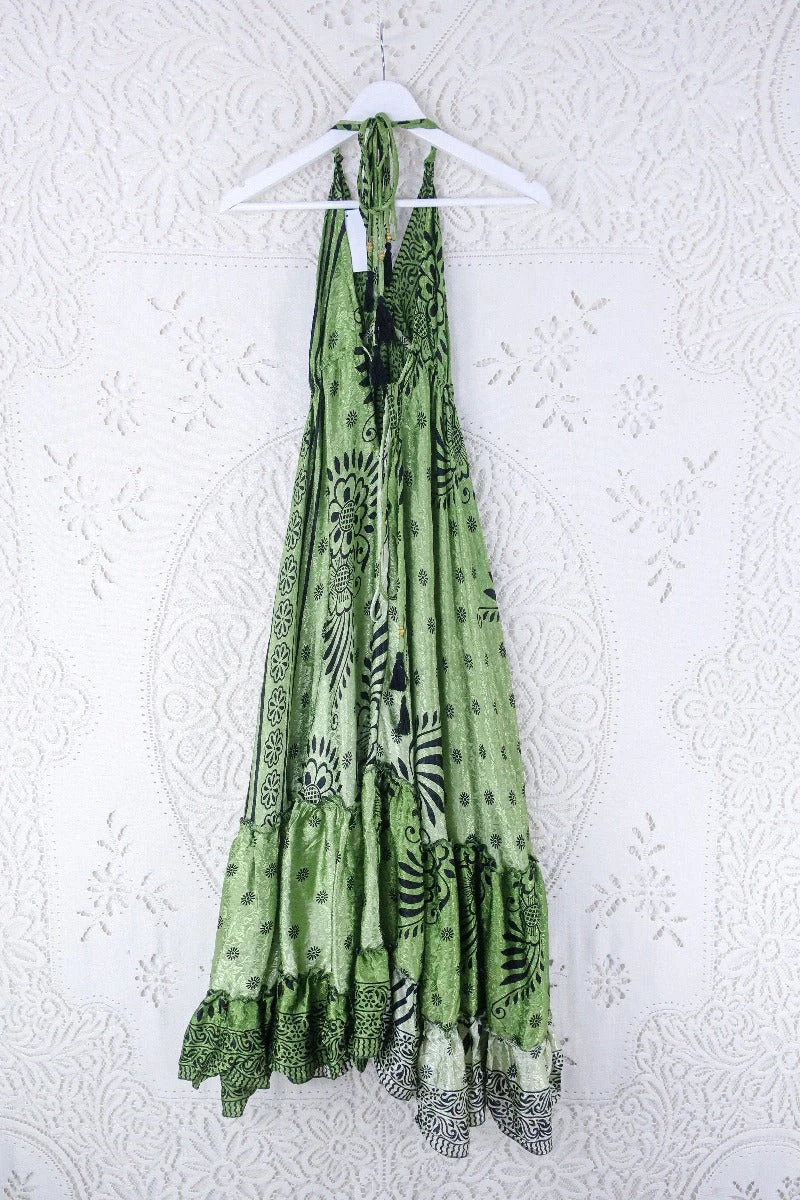 Blossom Halter Maxi Dress - Vintage Sari - Pale Lime Green & Black Floral Shimmer - Free Size S/M 3 Blossom Halter Maxi Dress - Vintage Sari - Pale Lime Green & Black Floral Shimmer - Free Size S/M - Image 3