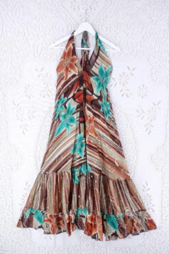 Blossom Halter Maxi Dress - Vintage Sari - Tiger Eye Stripe & Jade Lilies - Free Size M/L