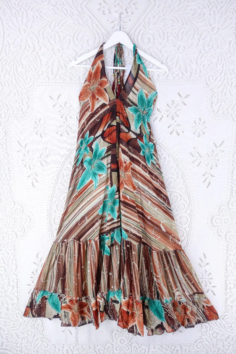 Blossom Halter Maxi Dress - Vintage Sari - Tiger Eye Stripe & Jade Lilies - Free Size M/L 1 Blossom Halter Maxi Dress - Vintage Sari - Tiger Eye Stripe & Jade Lilies - Free Size M/L