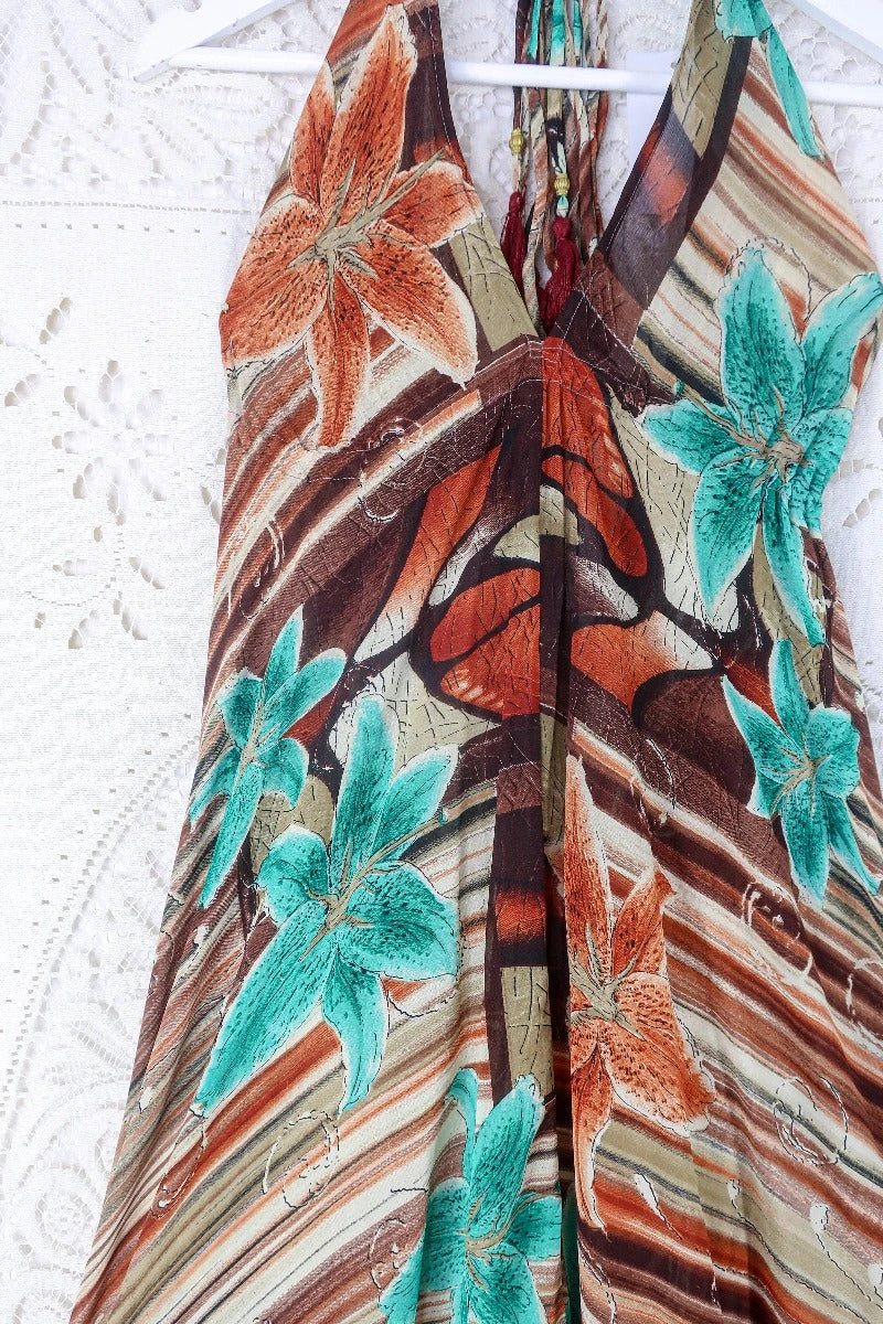 Blossom Halter Maxi Dress - Vintage Sari - Tiger Eye Stripe & Jade Lilies - Free Size M/L 2 Blossom Halter Maxi Dress - Vintage Sari - Tiger Eye Stripe & Jade Lilies - Free Size M/L - Image 2