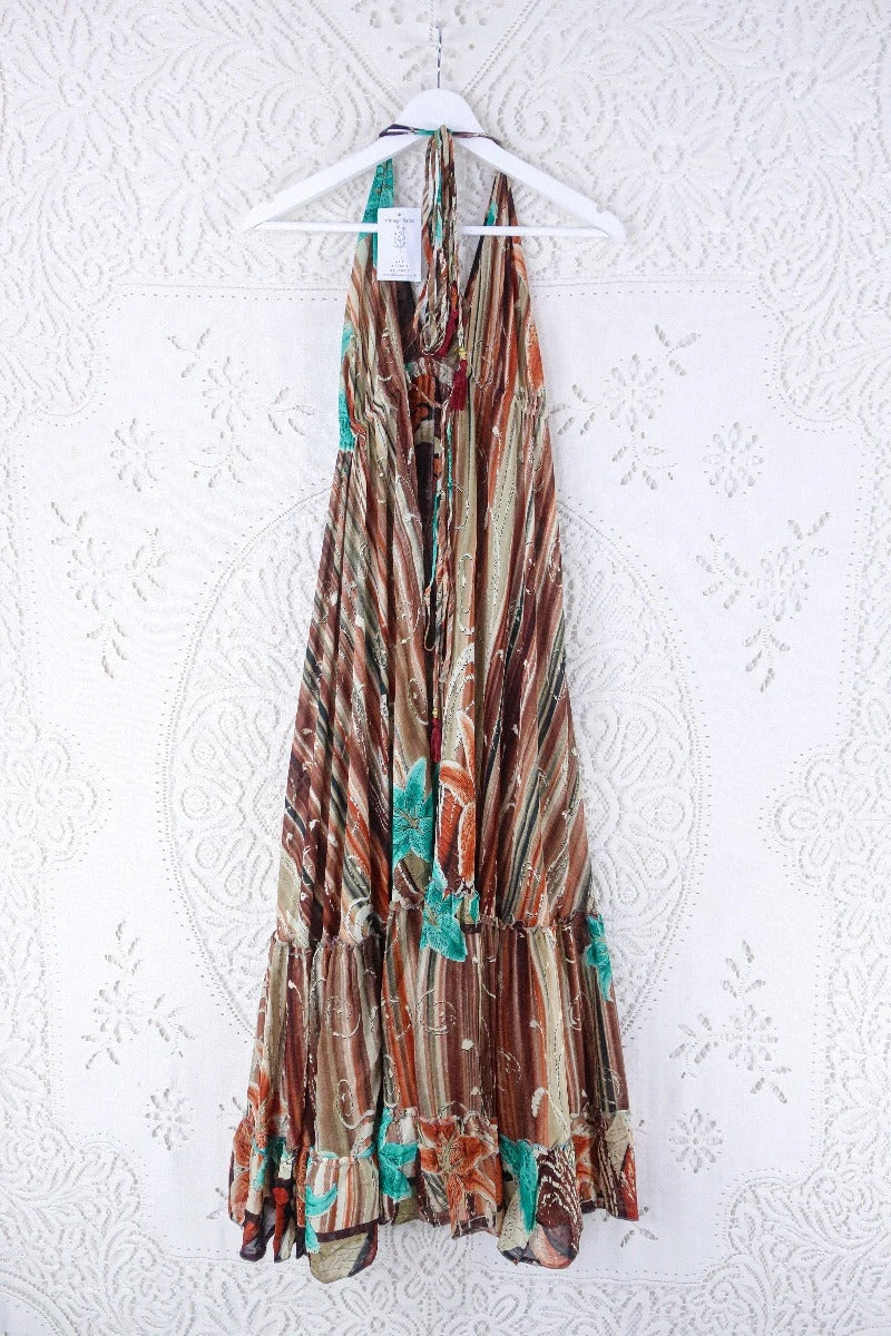 Blossom Halter Maxi Dress - Vintage Sari - Tiger Eye Stripe & Jade Lilies - Free Size M/L 3 Blossom Halter Maxi Dress - Vintage Sari - Tiger Eye Stripe & Jade Lilies - Free Size M/L - Image 3