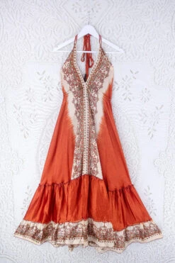 Blossom Halter Maxi Dress - Vintage Sari - Copper Orange Block Print - Free Size L/XL
