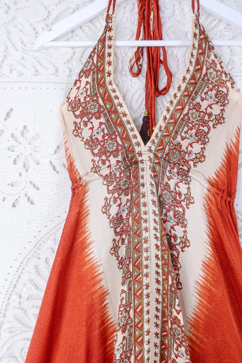 Blossom Halter Maxi Dress - Vintage Sari - Copper Orange Block Print - Free Size L/XL 2 Blossom Halter Maxi Dress - Vintage Sari - Copper Orange Block Print - Free Size L/XL - Image 2
