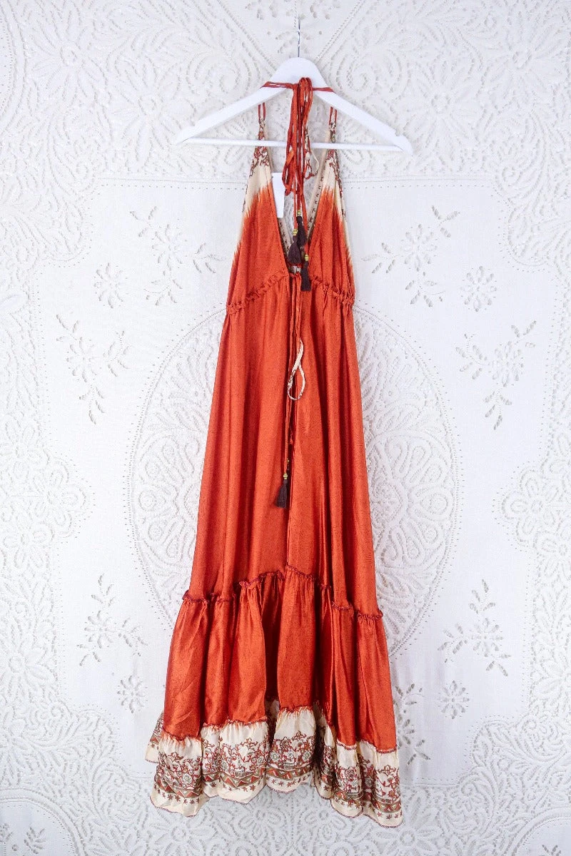 Blossom Halter Maxi Dress - Vintage Sari - Copper Orange Block Print - Free Size L/XL 3 Blossom Halter Maxi Dress - Vintage Sari - Copper Orange Block Print - Free Size L/XL - Image 3