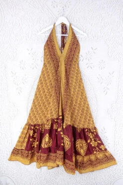 Blossom Halter Maxi Dress - Vintage Sari - Mustard Yellow & Burgundy Paisley - Free Size L/XL