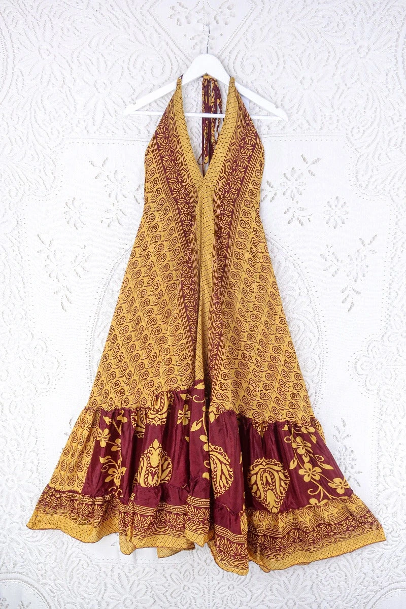 Blossom Halter Maxi Dress - Vintage Sari - Mustard Yellow & Burgundy Paisley - Free Size L/XL 1 Blossom Halter Maxi Dress - Vintage Sari - Mustard Yellow & Burgundy Paisley - Free Size L/XL