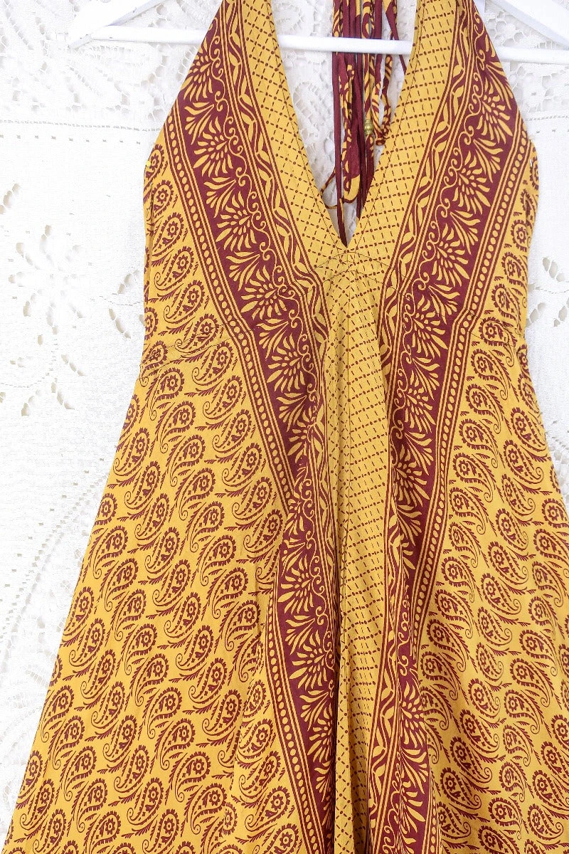 Blossom Halter Maxi Dress - Vintage Sari - Mustard Yellow & Burgundy Paisley - Free Size L/XL 2 Blossom Halter Maxi Dress - Vintage Sari - Mustard Yellow & Burgundy Paisley - Free Size L/XL - Image 2