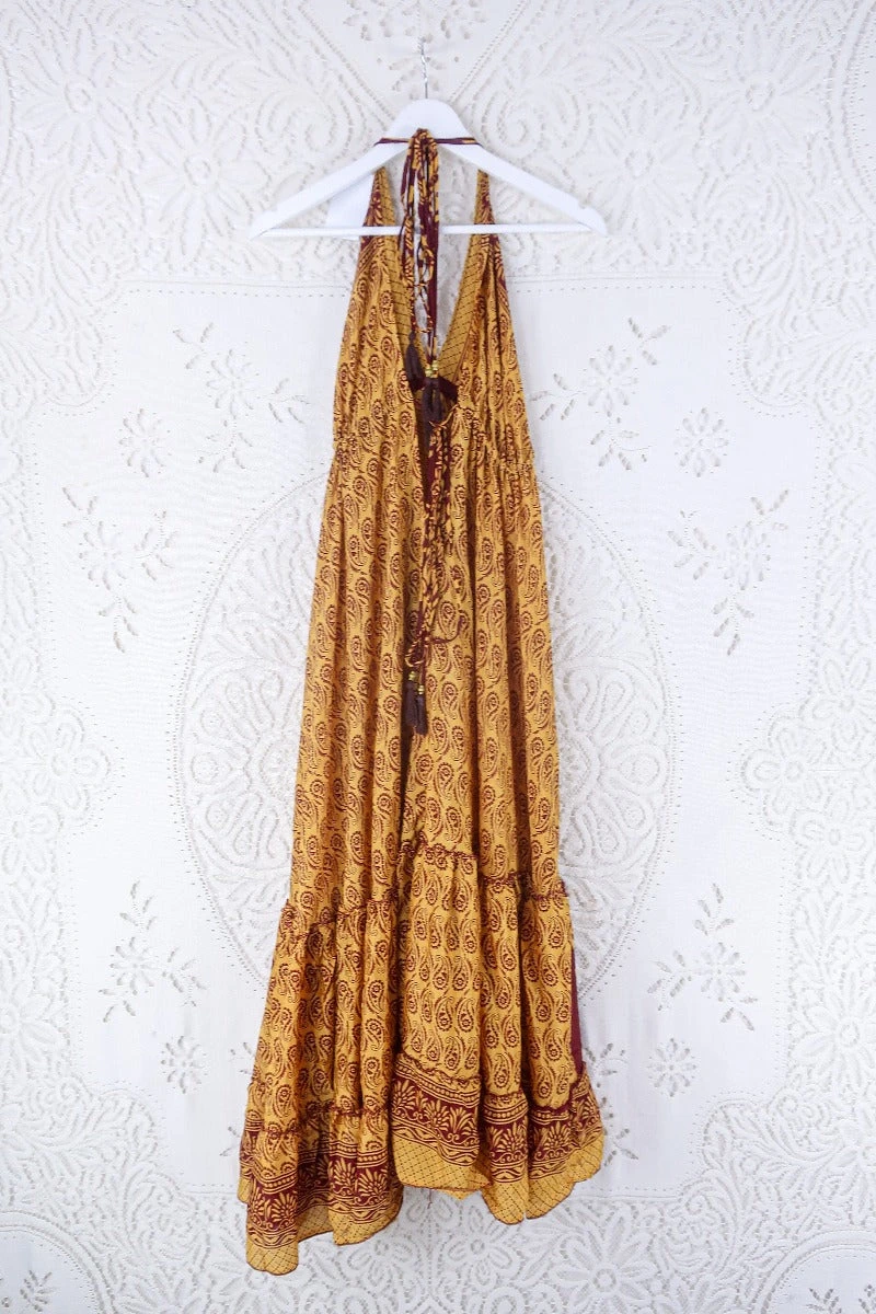 Blossom Halter Maxi Dress - Vintage Sari - Mustard Yellow & Burgundy Paisley - Free Size L/XL 3 Blossom Halter Maxi Dress - Vintage Sari - Mustard Yellow & Burgundy Paisley - Free Size L/XL - Image 3