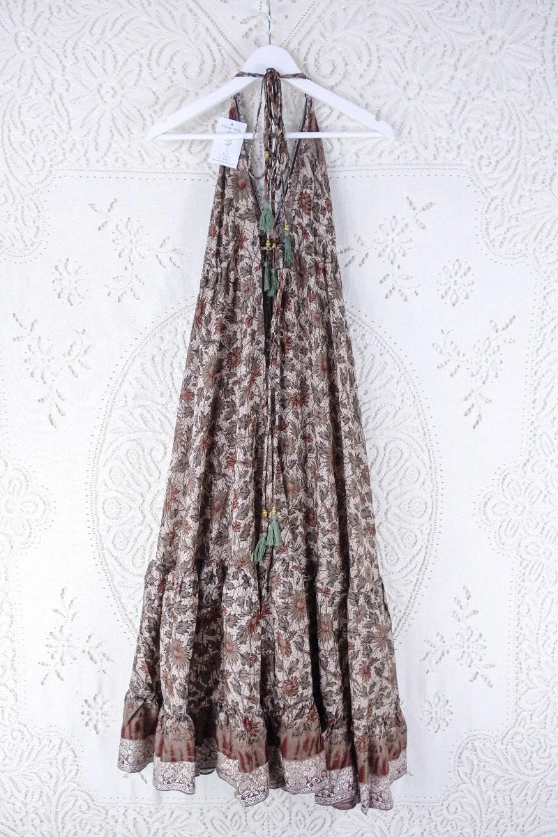 Blossom Halter Maxi Dress - Vintage Sari - Embroidered Lily White & Hickory Wildflower - Free Size L/XL 3 Blossom Halter Maxi Dress - Vintage Sari - Embroidered Lily White & Hickory Wildflower - Free Size L/XL - Image 3