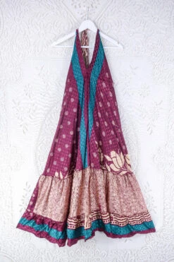 Blossom Halter Maxi Dress - Vintage Sari - Mulberry & Teal Floral Motif - Free Size M/L