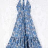 Blossom Halter Maxi Dress - Vintage Sari - Azure Blue & Grey Jacquard - Free Size M/L