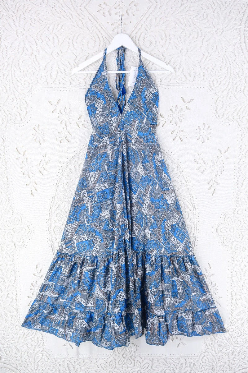 Blossom Halter Maxi Dress - Vintage Sari - Azure Blue & Grey Jacquard - Free Size M/L 1 Blossom Halter Maxi Dress - Vintage Sari - Azure Blue & Grey Jacquard - Free Size M/L