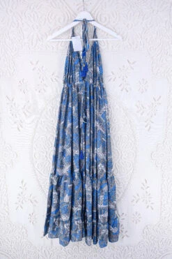 Blossom Halter Maxi Dress - Vintage Sari - Azure Blue & Grey Jacquard - Free Size M/L 5 Blossom Halter Maxi Dress - Vintage Sari - Azure Blue & Grey Jacquard - Free Size M/L -KIKIS Clothing Shop blossom maxi halter dress summer boho style 70s hippie midi dress frill hem handmade recycled vintage sari by all about audrey 156