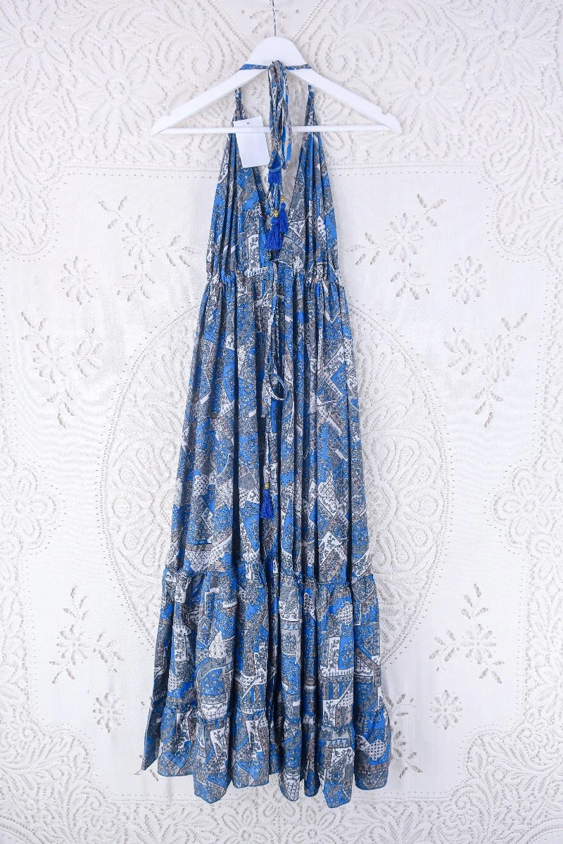 Blossom Halter Maxi Dress - Vintage Sari - Azure Blue & Grey Jacquard - Free Size M/L 3 Blossom Halter Maxi Dress - Vintage Sari - Azure Blue & Grey Jacquard - Free Size M/L - Image 3