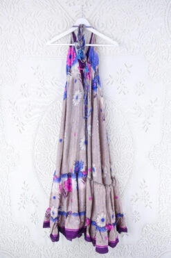 Blossom Halter Maxi Dress - Vintage Sari - Beige Pink & Violet Bold Floral - Free Size S/M -KIKIS Clothing Shop blossom maxi halter dress summer boho style 70s hippie midi dress frill hem handmade recycled vintage sari by all about audrey 161