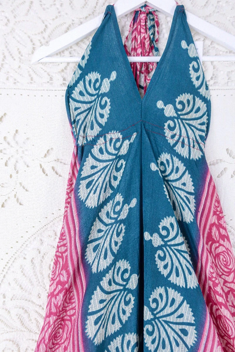 Blossom Halter Maxi Dress - Vintage Sari - Ocean Teal & Rouge Rose Print - Free Size S/M 2 Blossom Halter Maxi Dress - Vintage Sari - Ocean Teal & Rouge Rose Print - Free Size S/M - Image 2