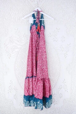 Blossom Halter Maxi Dress - Vintage Sari - Ocean Teal & Rouge Rose Print - Free Size S/M 5 Blossom Halter Maxi Dress - Vintage Sari - Ocean Teal & Rouge Rose Print - Free Size S/M -KIKIS Clothing Shop blossom maxi halter dress summer boho style 70s hippie midi dress frill hem handmade recycled vintage sari by all about audrey 164