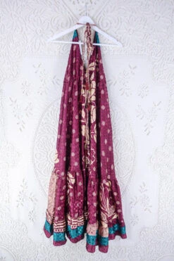 Blossom Halter Maxi Dress - Vintage Sari - Mulberry & Teal Floral Motif - Free Size M/L -KIKIS Clothing Shop blossom maxi halter dress summer boho style 70s hippie midi dress frill hem handmade recycled vintage sari by all about audrey 17