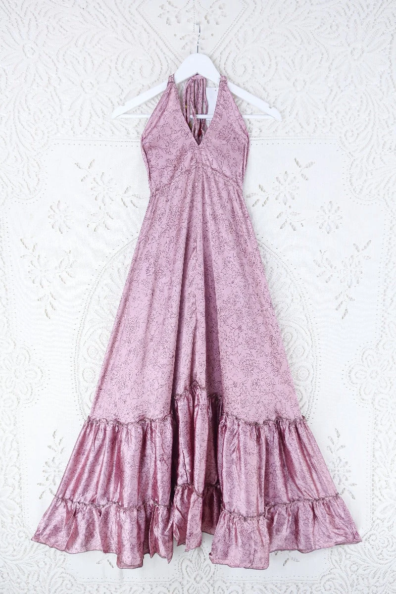 Blossom Halter Maxi Dress - Vintage Sari - Dusty Mauve Pink Wildflower - Free Size S/M 1 Blossom Halter Maxi Dress - Vintage Sari - Dusty Mauve Pink Wildflower - Free Size S/M