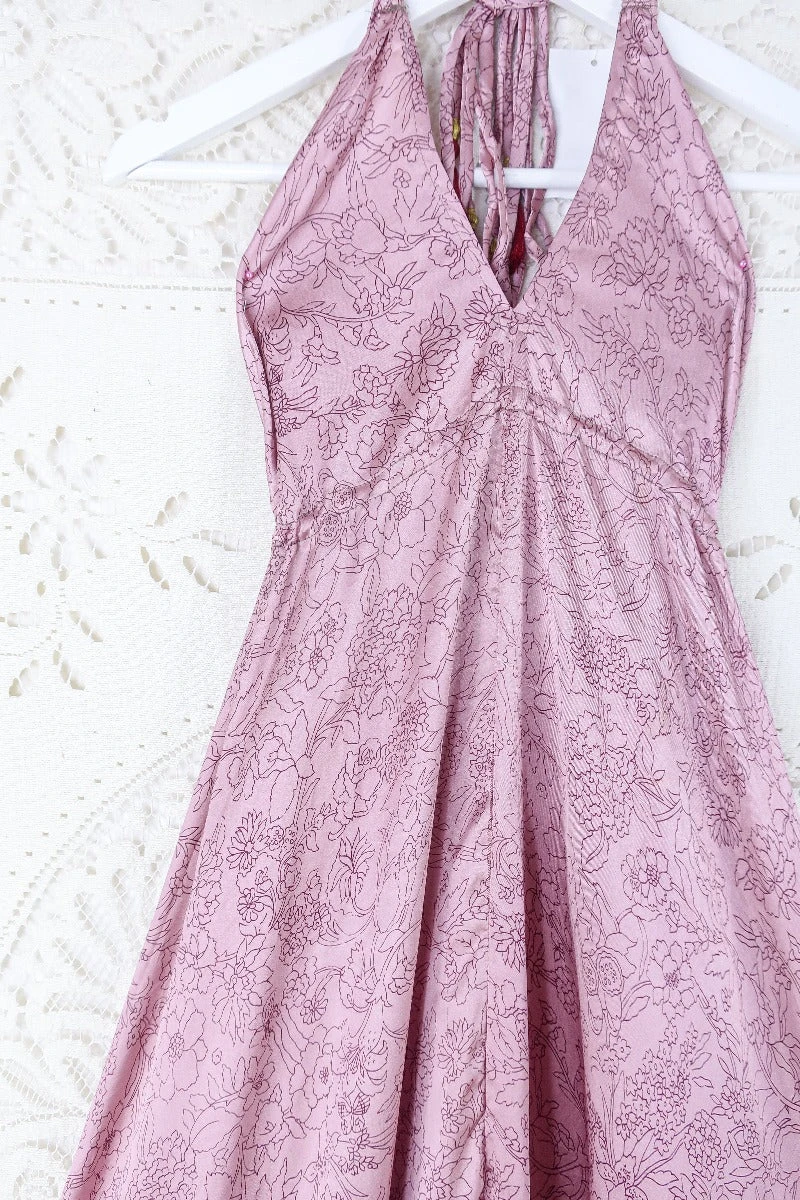 Blossom Halter Maxi Dress - Vintage Sari - Dusty Mauve Pink Wildflower - Free Size S/M 2 Blossom Halter Maxi Dress - Vintage Sari - Dusty Mauve Pink Wildflower - Free Size S/M - Image 2