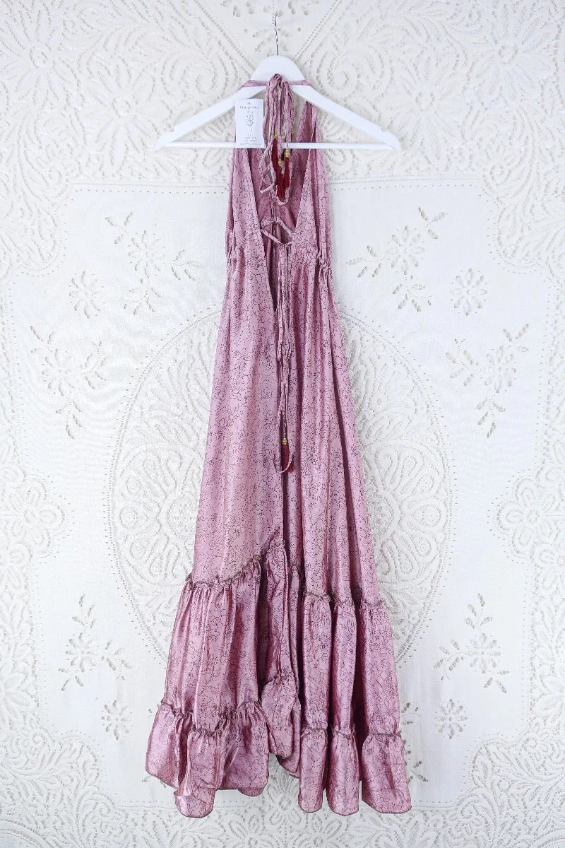 Blossom Halter Maxi Dress - Vintage Sari - Dusty Mauve Pink Wildflower - Free Size S/M 3 Blossom Halter Maxi Dress - Vintage Sari - Dusty Mauve Pink Wildflower - Free Size S/M - Image 3