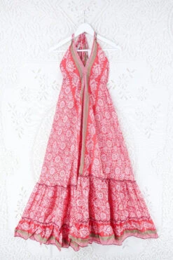 Blossom Halter Maxi Dress - Vintage Sari - Candy Red Tile Print & Lime Stripe - Free Size S/M