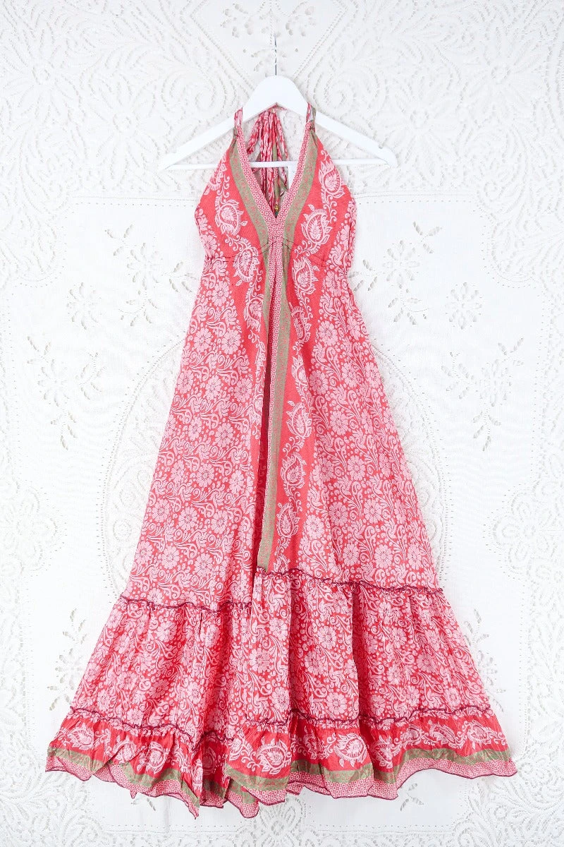 Blossom Halter Maxi Dress - Vintage Sari - Candy Red Tile Print & Lime Stripe - Free Size S/M 1 Blossom Halter Maxi Dress - Vintage Sari - Candy Red Tile Print & Lime Stripe - Free Size S/M