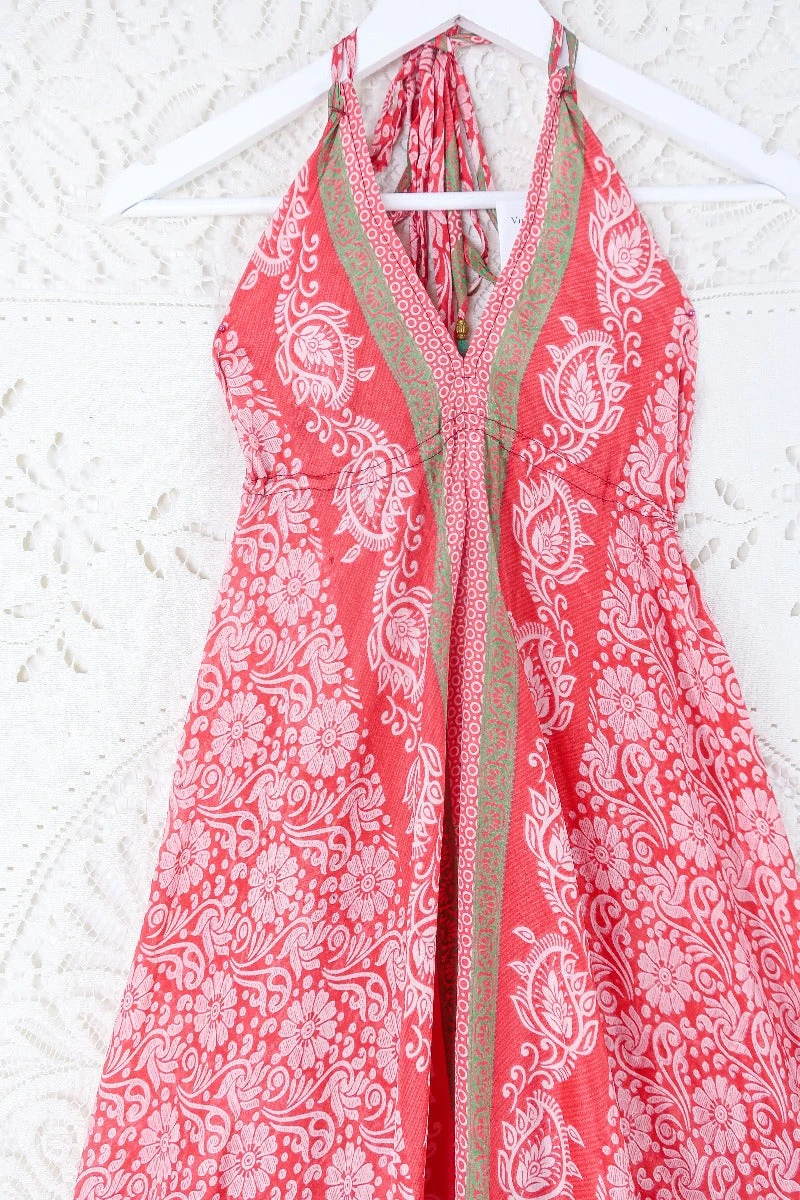 Blossom Halter Maxi Dress - Vintage Sari - Candy Red Tile Print & Lime Stripe - Free Size S/M 2 Blossom Halter Maxi Dress - Vintage Sari - Candy Red Tile Print & Lime Stripe - Free Size S/M - Image 2