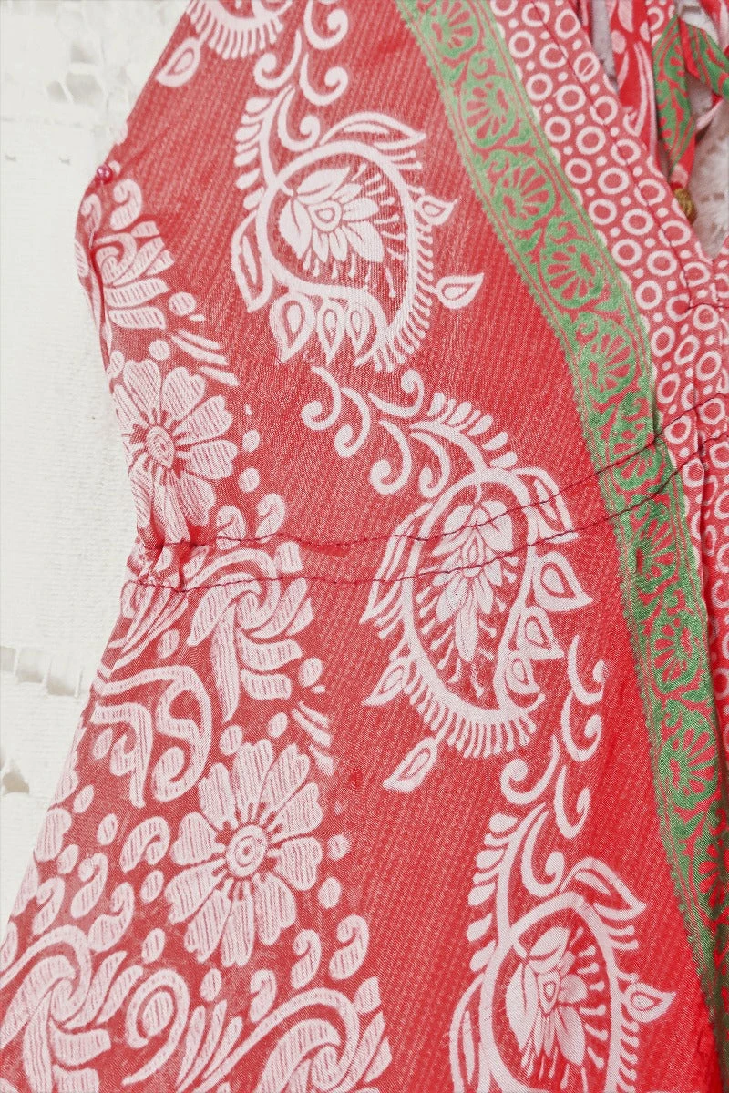 Blossom Halter Maxi Dress - Vintage Sari - Candy Red Tile Print & Lime Stripe - Free Size S/M 4 Blossom Halter Maxi Dress - Vintage Sari - Candy Red Tile Print & Lime Stripe - Free Size S/M - Image 4