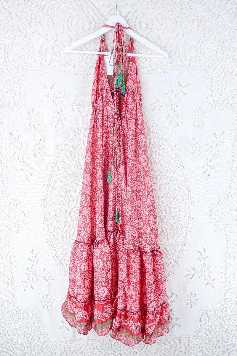 Blossom Halter Maxi Dress - Vintage Sari - Candy Red Tile Print & Lime Stripe - Free Size S/M 3 Blossom Halter Maxi Dress - Vintage Sari - Candy Red Tile Print & Lime Stripe - Free Size S/M - Image 3