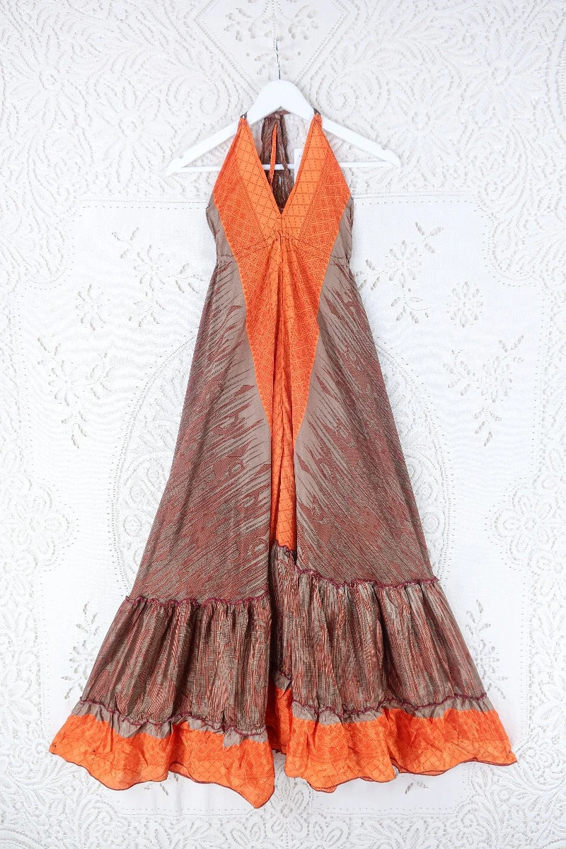 SALE - Blossom Halter Maxi Dress - Vintage Sari - Cocoa Brown & Bright Orange - Free Size S/M 1 SALE - Blossom Halter Maxi Dress - Vintage Sari - Cocoa Brown & Bright Orange - Free Size S/M