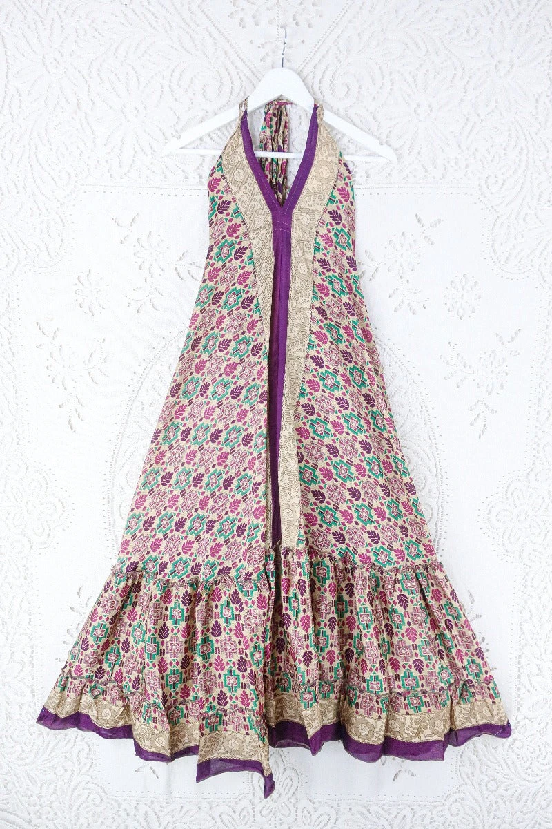 Blossom Halter Maxi Dress - Vintage Sari - Champagne, Plum & Green Mosaic - Free Size M/L 1 Blossom Halter Maxi Dress - Vintage Sari - Champagne, Plum & Green Mosaic - Free Size M/L